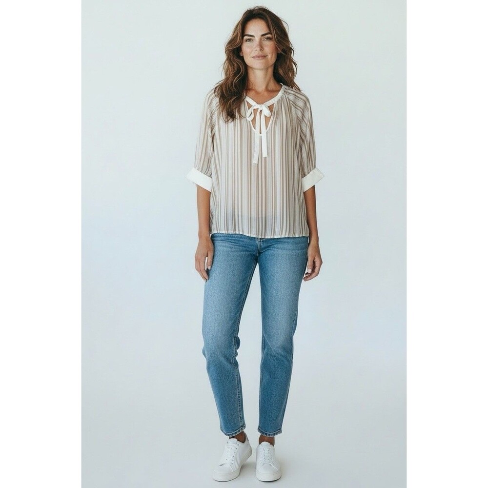 NWT Reiss Sydney Striped Puff Sleeve Blouse White Nude Tie Neck Top‎ Sz 8